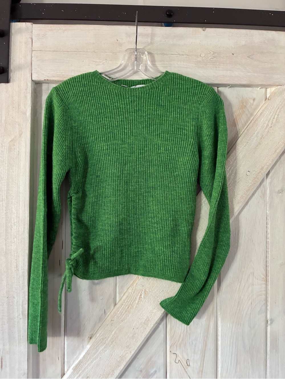 Zara Kelly Green Ribbed Crewneck Sweater with Side Tie Detail